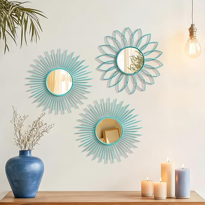3 Pack Metal Mirrors for Wall Sunburst Wall Mirrors Home Décor Decorative Hanging Wall Art for Living Room Bedroom Entryway (Greenish Blue, Flower+Sunburst) - Image 2