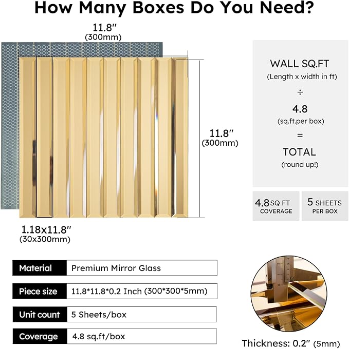 Diflart Beveled Mirror Backsplash Tiles for Kitchen, Gold Strip, 12x12 Inch, Mirror TIile for Bathroom Accent Wall, Pack of 5 Sq.ft - Image 3