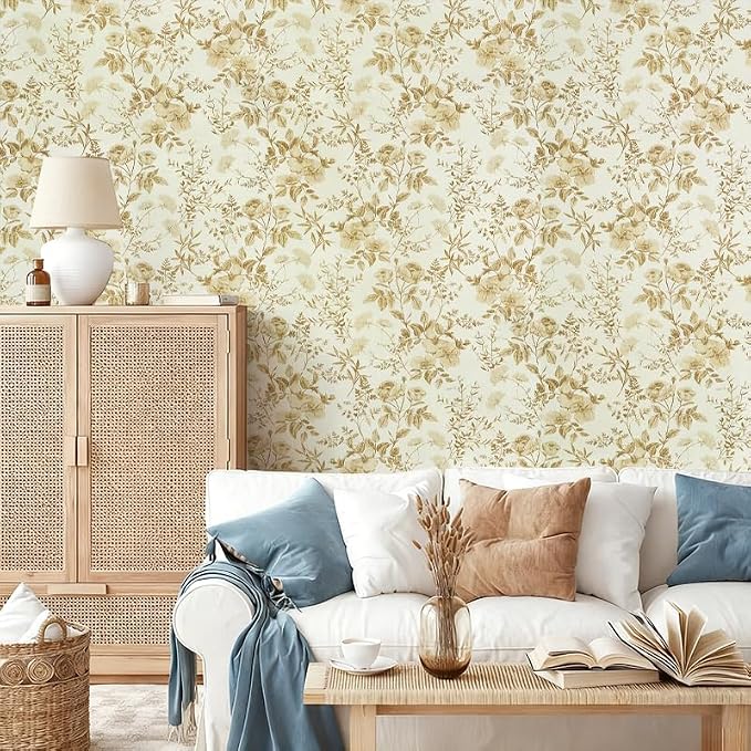 Erfoni Boho Floral Peel and Stick Wallpaper Floral Leaf Contact Paper DIY | 16.9" x394" Yellow Brown Flower Self Adhesive Wallpaper Removable Decoration Wallpaper for Accent Walls Covering - Image 3