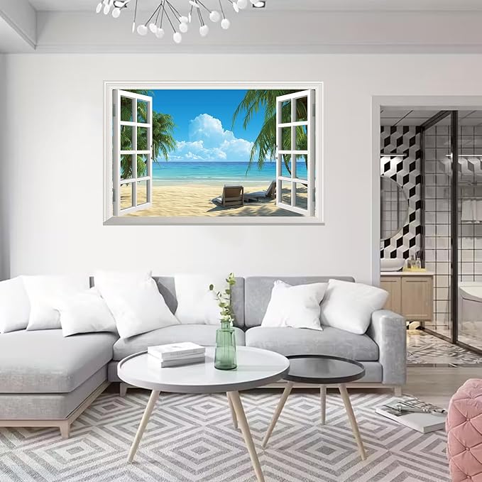 Fake Window Wall Mural Summer Blue Sky White Beach (64"x48") | Peel and Stick Faux Window Wall Sticker Decal Poster for Bedroom Home Decor - Image 2