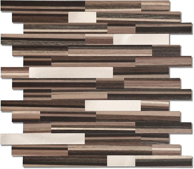 Yipscazo 1 Sheet Peel and Stick Stone Metal Tile Backsplash, Stick on Tiles for Backsplash Kitchen, Bathroom, Laundry Room, Camper, Fireplace (12'' X 12'', Brown Wood) by Yipscazo