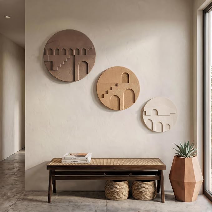 3D Textured Round Neutral Abstract Boho Wall Art for Living Room, 3 Piece | Modern Minimalist Geometric Sculpture Artwork for Walls, Bohemia Earth Tone Paintings, Bedroom Dining Room Office Wall Decor - Image 7