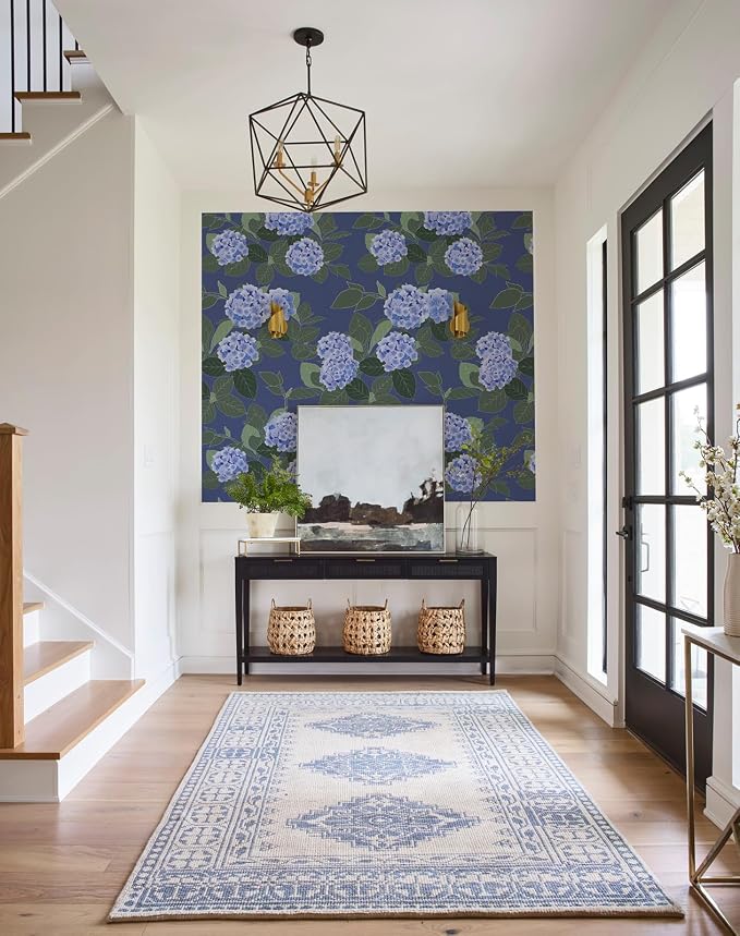 Floral Peel and Stick Wallpaper Self Adhesive Hydrangea Wall Paper French Country Cream Stick on Wallpaper for Bedroom Wall Decor Elegant Mural (Navy Hydrangea, 118" X 17.4") - Image 6