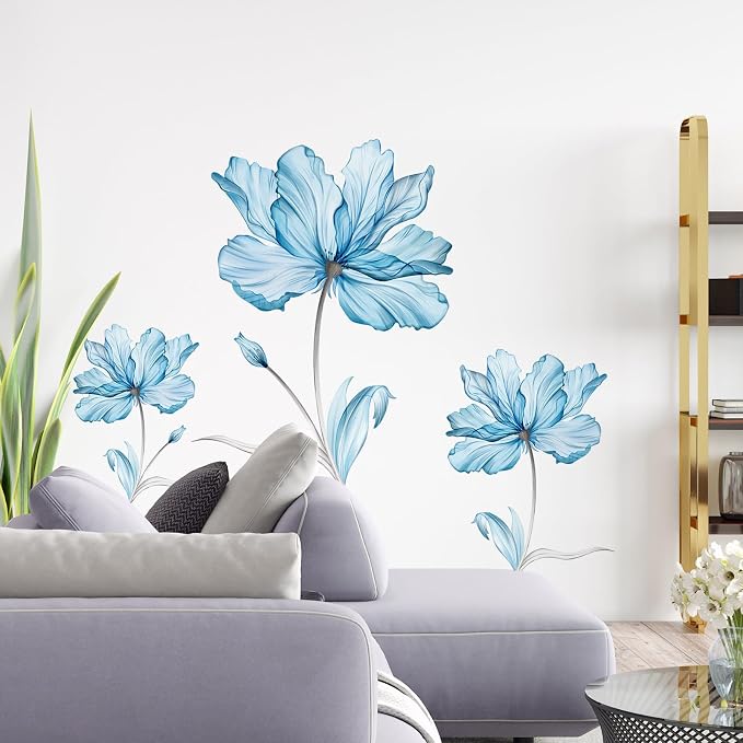Zonon 6 Pcs Flower Wall Decals Peel and Stick Sticker, Blue Flower | Vinyl Removable Wall Stickers & Murals, Watercolor Flower Wall Decals, Blue Floral Decor for Bedroom, Living Room, Nursery - Image 2