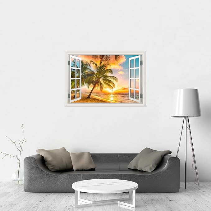 Fake Window Wall Decal- Summer Beach Ocean Coconut Trees Open Art Sticker | Faux Window Natural Scenery Landscape Mural ｜ Stick and Peel Wall Decals｜Room Bedroom Office Decor｜Large Murals 66"x48" - Image 3