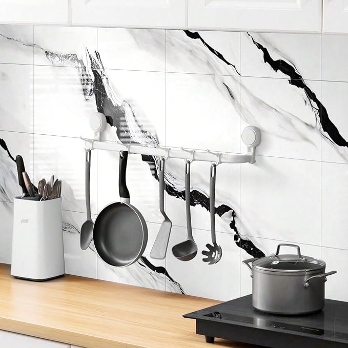 Chejiaye 10pcs Marble Peel and Stick Backsplash Waterproof Washroom Wall Panels, Peel and Stick Tile, PVC Foam Wall Panels for Kitchen,Bathroom,living room,White and Black(Not Real Tile,11.8" x 11.8") - Image 3
