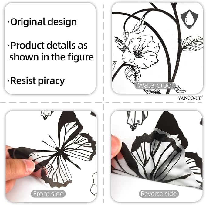 2 Sheets Black Flower Vine Wall Decals Peel and Stick Removable Butterfly Wall Stickers & Murals Vinyl Floral Simplicity Wall Stickers Decor for Bathroom Living Room Kitchen Landry Shower Door Art - Image 8