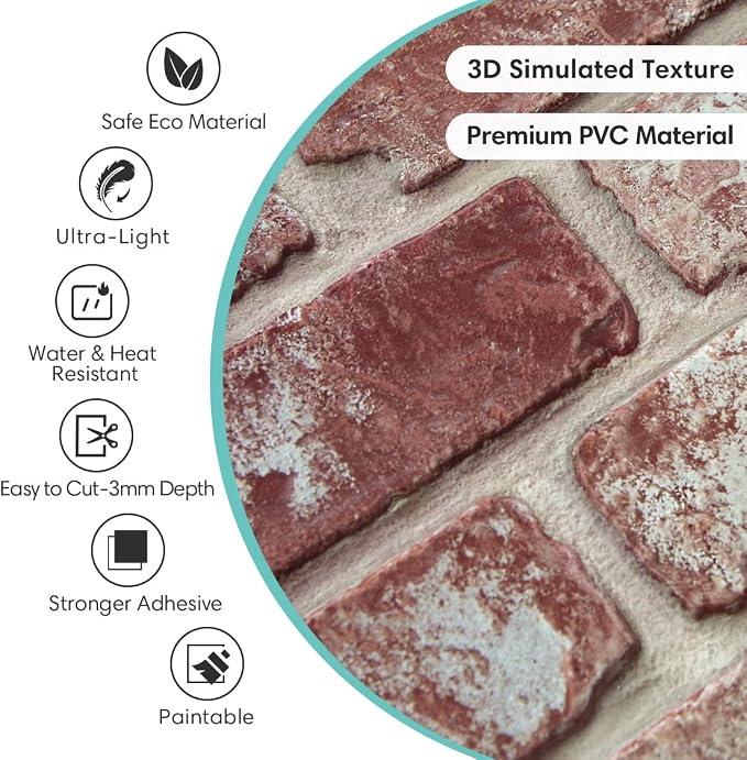 Commomy Faux Brick Wall Panels Peel and Stick Thin PVC 10 Pcs 11.8" x 11.8" | Small Size Thin PVC Quick Wall Covering Home Decor for Kitchen,Fireplace,Home Office (Covers 9.7 sq.ft) - Image 3