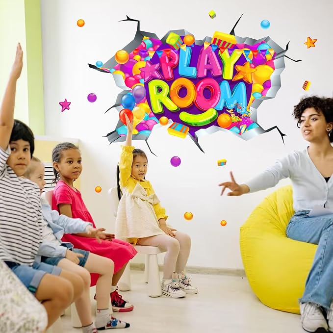 Kids Playroom Wall Decals Colorful 3D Broken Wall Stickers Peel and Stick | Playroom sign, removable vinyl art wall murals, colorful inspirational decoration, for classroom nursery baby bedroom school - Image 7