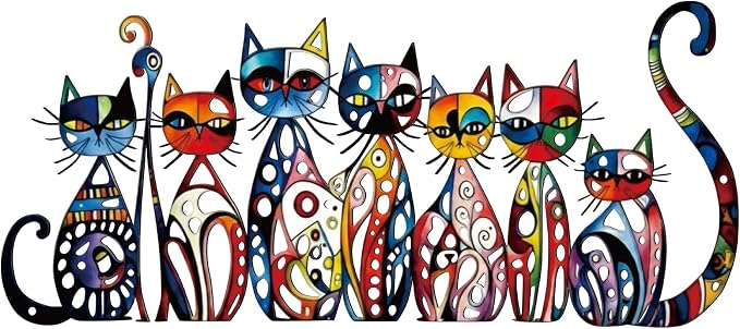 Wesiti Cat Wall Art Decor Metal Sculpture Colorful Retro, 15.75x7.02 Inch | Decor for Living Room Bedroom Kitchen, Whimsical Mid Century Metal Sculpture for Feline Lovers, Retro Design Style by Unteilti