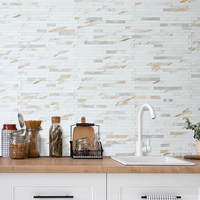 AULIGET 20 Sheets Calacatta Gold Peel and Stick Backsplash, PVC Mixed Metal Silver Wall Tile Stick on Backsplash for Kitchen and Bathroom - Image 6
