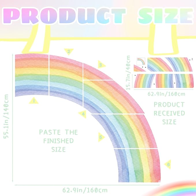 15.7×63 Inch Rainbow Wall Decal Watercolor Mural Rainbow Modern Vinyl Peel and Stick Sticker Removable for Classroom Living Room Bedroom Playroom Decor - Image 2