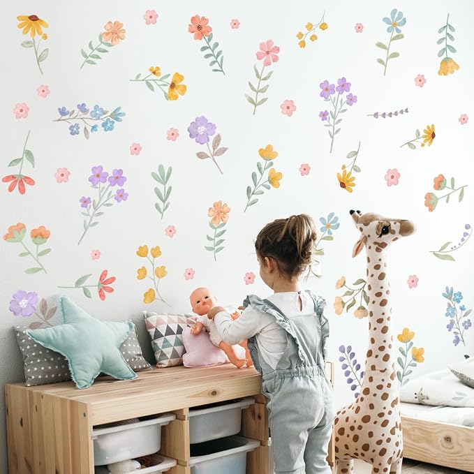 Boho Watercolor Flower Wall Decals - Removable Wildflower Art for Girls Bedroom, Nursery, Kids Room - DIY Cute Vinyl Murals Decorations - Image 6