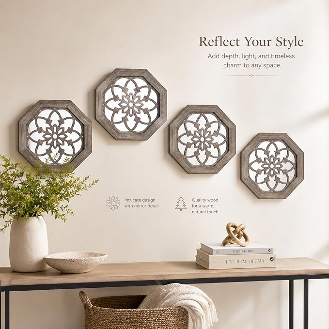 4 Pack 12 Inch Octagon Brown Rustic Wood Frame Acrylic Wall Mirrors, Farmhouse Boho Wall Art Decor for Living Room, Bedroom, Hallway, Entryway, Bathroom & Office - Image 6