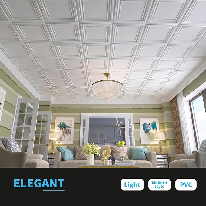 Art3d PVC Ceiling Tiles, 3D Plastic Sheet in White, 2 x 2 ft, 24-Pack | Lightweight, Waterproof, No Sag and Breakage, Compatible with Grid System, Perfect for Basement, Kitchen - Image 3