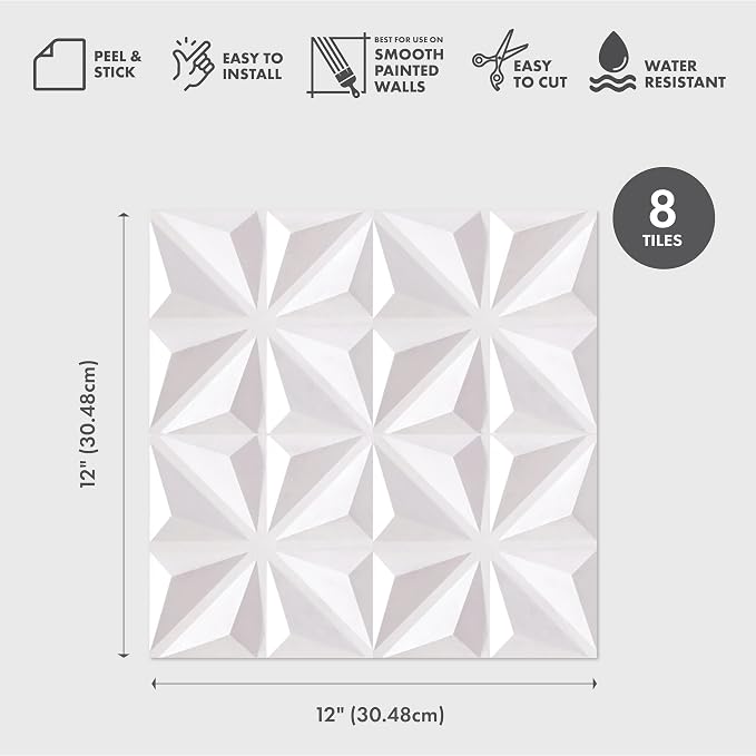 Main Street 3D Wall Panels, White Geo, Peel and Stick, 8-Pack | 12 x 12 in panel size; Covers up to 8 sq ft; Peel and StickTextured 3D wall panels; For kitchens, bedrooms, accent walls - Image 3