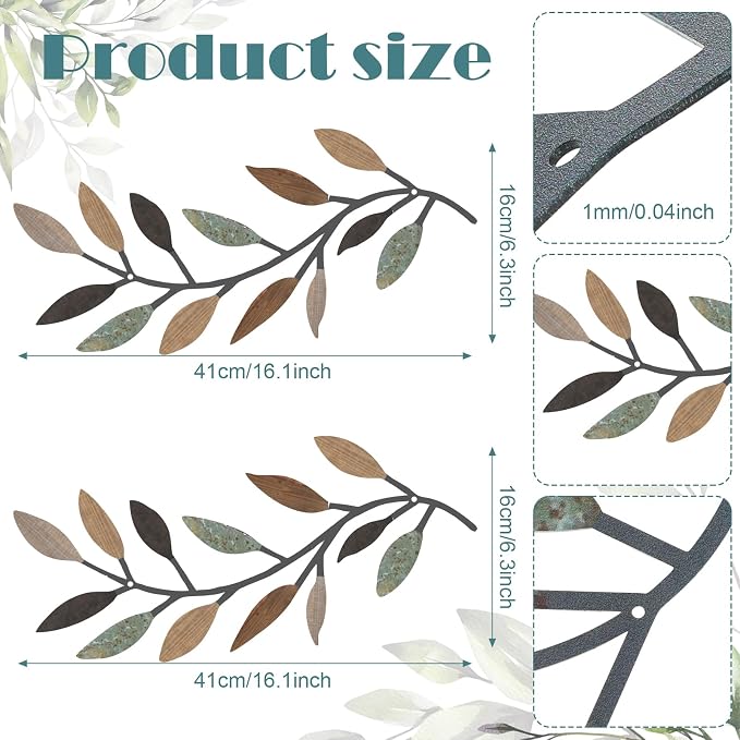 Zhengmy 2 Pcs Metal Leaf Wall Art Vine Branch Decor,Classic Color | Olive Branch Metal Decor for Living Room Hallway, Symmetrical Leaf Pair for Doorway Entryway, Lightweight Hanging Art Design - Image 2