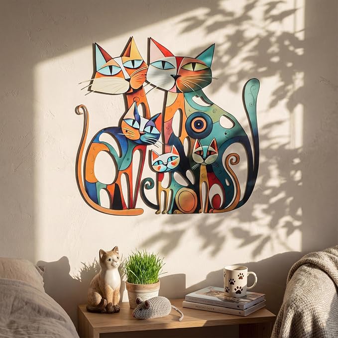 Wesiti Cat Wall Art Metal Decor 13.7x13 Inch Colorful Retro Mid Century | Iron Wall Sculpture, Cat Lover Gift, Bathroom Bedroom Kitchen Office Decor, Colorful Cat Pictures Artwork - Image 3