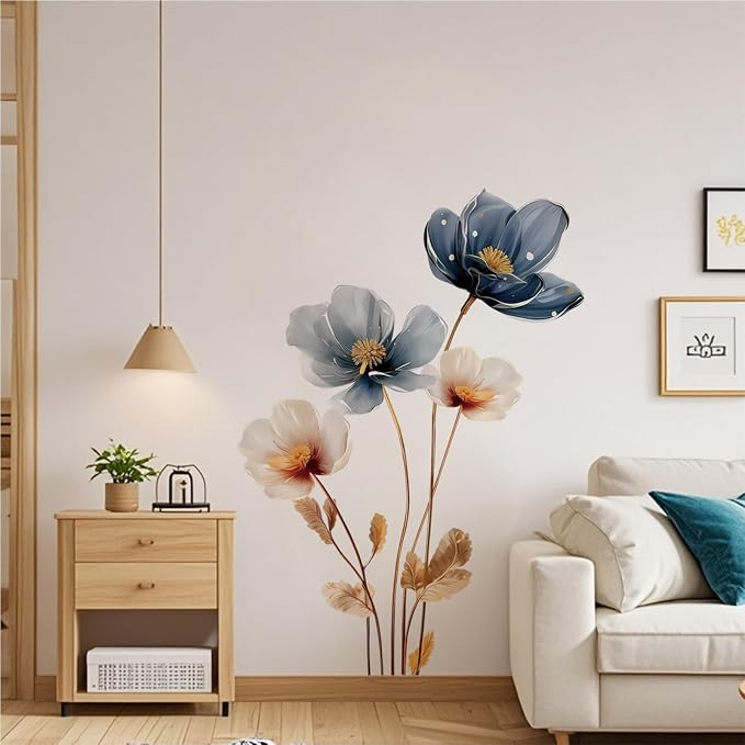 Gold Leaf Blue Flower Wall Decal PVC Wall Sticker Vintage Watercolor Floral Wall Art for Living Room Bedroom Home Decor - Image 7
