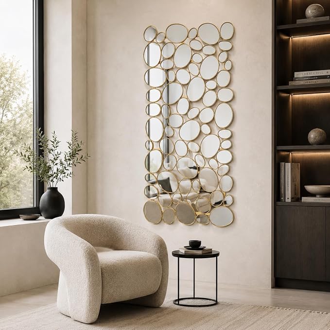 Gold Mosaic Wall Mirror, 27.55" x 55" Large Pebble Geometric Decorative Mirror with 71 Irregular Mirror Pieces, Modern Accent Wall Decor for Living Room, Entryway, Bedroom, Hallway - Image 6