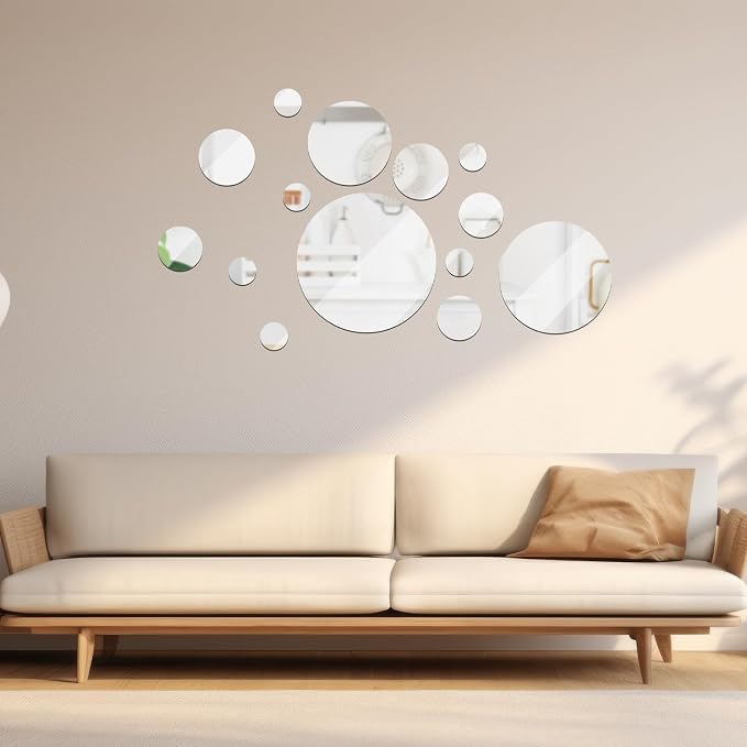 Jetec 15 Pcs Real Glass Round Mirror Tiles Frameless Wall Glass Tiles Round Wall-Mount Mirrors with Acrylic Double Sided Adhesive for Bedroom Bathroom Craft(2/3/4/6/8/10 Inch) - Image 3