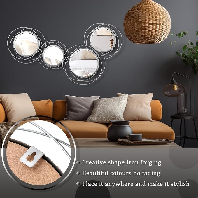 Hicarer 4 Pcs Decorative Wall Mirror Round Modern Mirror Circle Mirror Wall Art Ring Metal Mirror Wall Decor Wall Mounted Mirror for Bedroom Living Room Entryway Dining Room Hallway (Silver) - Image 5