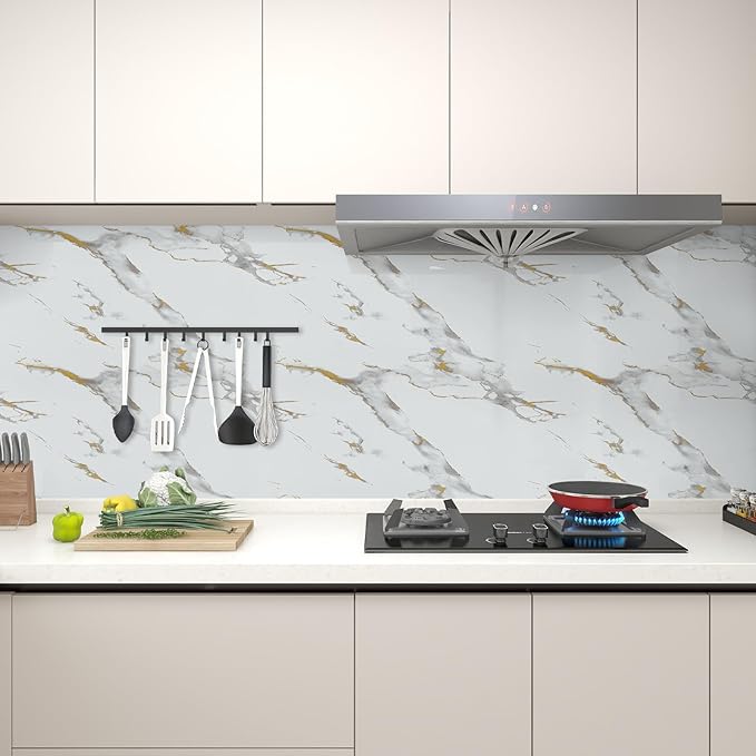 Marble Contact Paper Gold Peel and Stick Wallpaper for Kitchen Countertop | 17.7" x 196.8" Glossy White Granite Removable Wall Paper for Kitchen Countertop Cabinet Furniture - Image 7