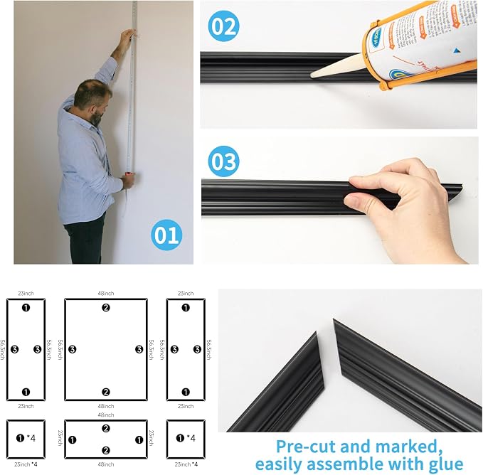Art3d Pre-Cut Wall Molding Set of 6 pcs, 3 Top 3 Bottom, Black | Ready-to-Assemble Wainscoting Panel, High-Impact, Precision Pre-Cut, DIY-Friendly, Ideal for Indoor Wall Decor, Accent Walls - Image 8
