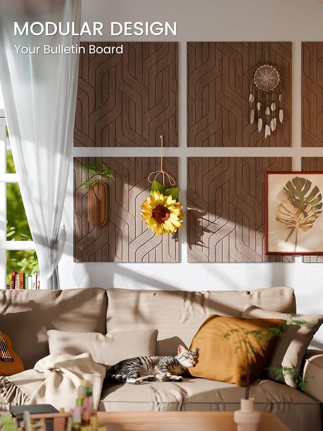 Fluxynara 6-Pack Large Felt Bulletin Board, Walnut Artistic | 70.87" x 47.24" Cork Board Alternative, Acoustic Wall Panels with 60 Adhesive Tabs for Recording Studios and Home Offices - Image 5