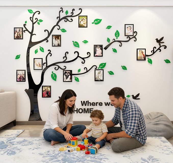 3D Tree Wall Stickers - DIY Photo Frame Tree Wall Decal Family Photo Frame Sticker Murals Wall Decor Living Room Bedroom TV Background Home Decorations (S:54 * 39in,Green Right) - Image 2