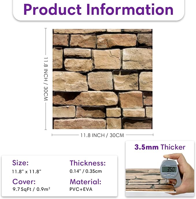 3D Faux Stone Wall Panels Peel and Stick, Designed for Quick DIY | Yellowish Brown, 10 Pcs 11.8" x 11.8", Stone-Look, Light PVC Fake Stone Covering Tiles for Wall Renovation, Cover 9.7 sq ft - Image 3