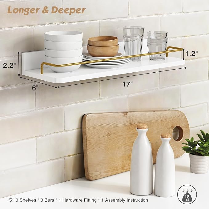 Forbena Gold Floating Shelves for Wall Decor Set of 3, Bathroom Shelves Over Toilet, Modern Display Wall Shelf with Guard Rail for Living Room Bedroom Organizers and Storage - White and Gold - Image 3