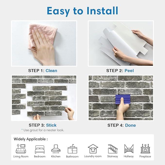 COMSTICKC 3D Faux Brick Wall Panels Peel and Stick, 10 Pcs 15.7" x 11.8" | Gray, Not Real Brick, Lightweight Thin PVC Wallpaper, Fake Brick Wall Sticker for Quick DIY Wall Upgrades, Cover 12.9 sq ft - Image 8