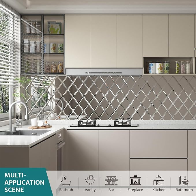 Peel and Stick Beveled Mirror Tile, Mirror Backsplash Tiles 6x8 Inch Diamond for Kitchen Bathroom Wall 16 Pcs, 2.6 SQ.FT - Image 7
