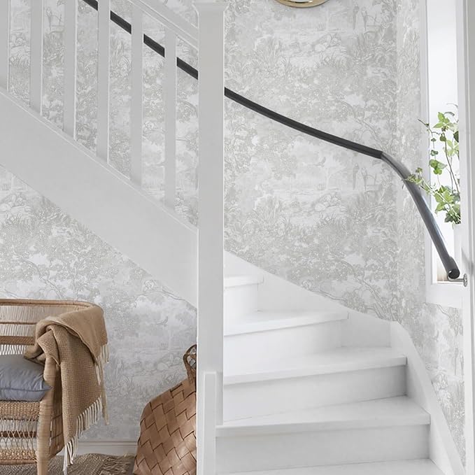 Ismoon Gray Peel and Stick Wallpaper Neutral Wall Paper 17.3in×6.56ft Vintage Removable Self-Adhesive Wallpaper Animals Jungle Contact Paper for Cabinets Bathroom Walls Covering Vinyl Roll - Image 8