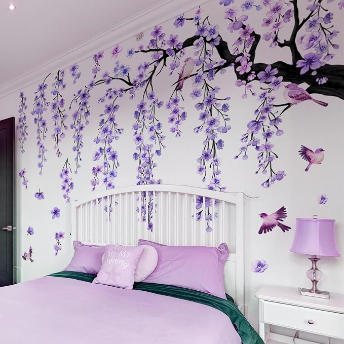 Lilac Purple Wall Decor 4 Sheets Large Cherry Blossom Tree Wall Stickers | Spring Purple Flower Bird Wall Decals Peel and Stick Wall Murals Decor for Living Room Bedroom (Purple, 11.8 * 35.4inch) by Lilacanthara