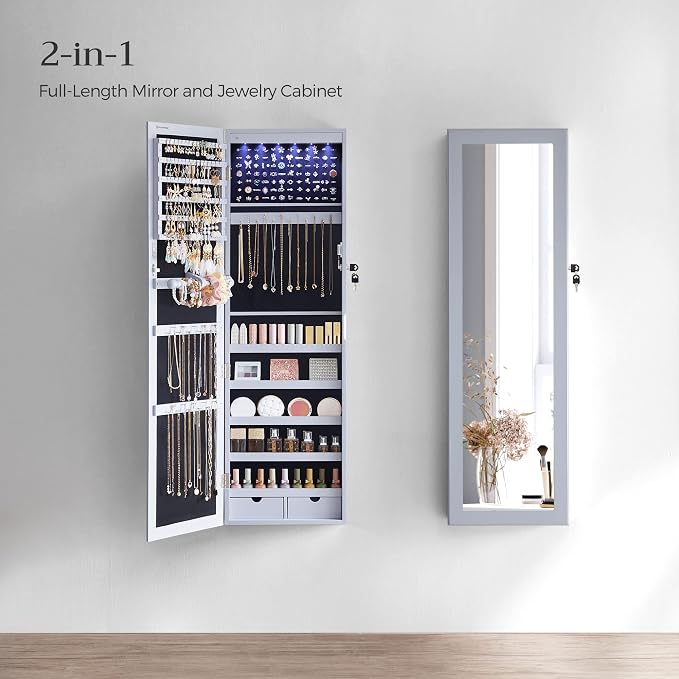 SONGMICS 6 LEDs Mirror Jewelry Cabinet, 47.2-Inch Tall, Lockable - Image 3