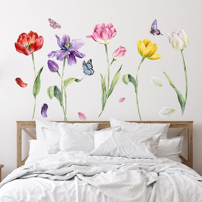 Zonon 6 Pcs Flower Wall Decals Peel and Stick Sticker, Tulip | Vinyl Removable Wall Stickers & Murals, Watercolor Tulip Wall Decals, Colorful Floral Decor for Bedroom, Living Room, Nursery by Zonon