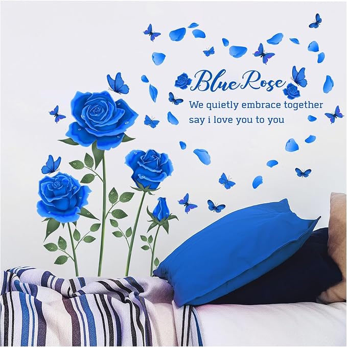 Blue Rose Wall Decals with Butterflies, Romantic Flower Wall Stickers with Quotes, Wall Art Decor for Bedroom Living Room, Blue Rose Petal Wall Mural for Room Rose Stickers by MagiMural