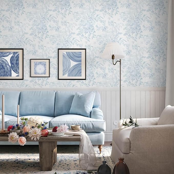 Heroad Blue Peel and Stick Wallpaper Vintage Floral Contact Paper Girly Wallpaper Boho Flower Wall Paper Removable Self Adhesive Stick On Walls for Bedroom Bathroom Waterproof Vinyl Roll 17.3''x196'' - Image 9