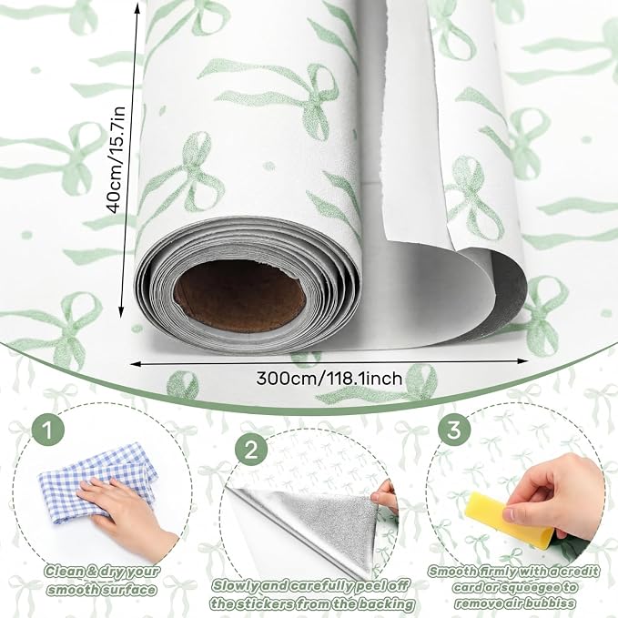 Drydiet Sage Green Bow Wallpaper Peel Stick Contact Paper 15.8 x 118.1 | Self Adhesive, Sage Green Design, Easy Apply Remove, Wall Sticker for Home Locker Dorm Classroom Living Room Decor - Image 2