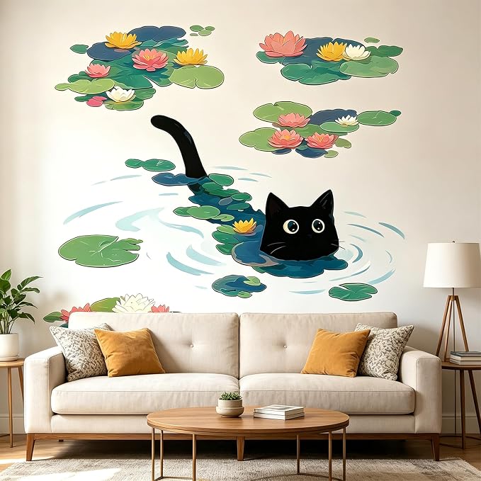 Black Cat Cute Kitten Water Lily Lotus Pond Wall Decals Peel and Stick | Adorable black cat swimming in water lily pond wall decal, removable peel-and-stick vinyl decor for bedroom bathroom nursery by VePret
