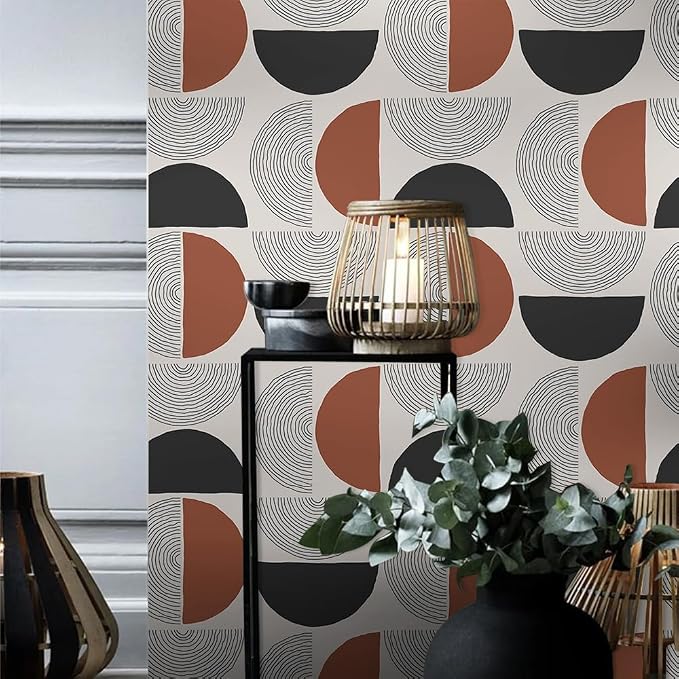 Boho Geos 01 Vinyl Wallpaper, Geometric Circles Retro Art for Renter Bedroom Apartment, Easy Peel and Stick, 17.7x118.1in, Brown/Black/Grey, Furniture Surface Recommendation - Image 5
