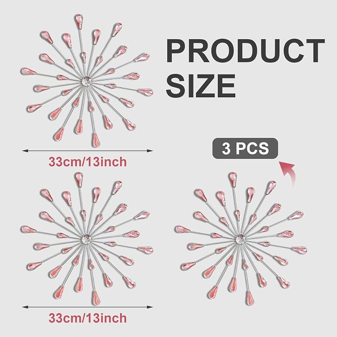ZEXUIRU 3 Set Silver Starburst Wall Art for Home Decor Metal Bling Crystal Rhinestones Sunburst Wall Decor Sparkling Rhinestone Art Accent Silver - 13in - Image 3