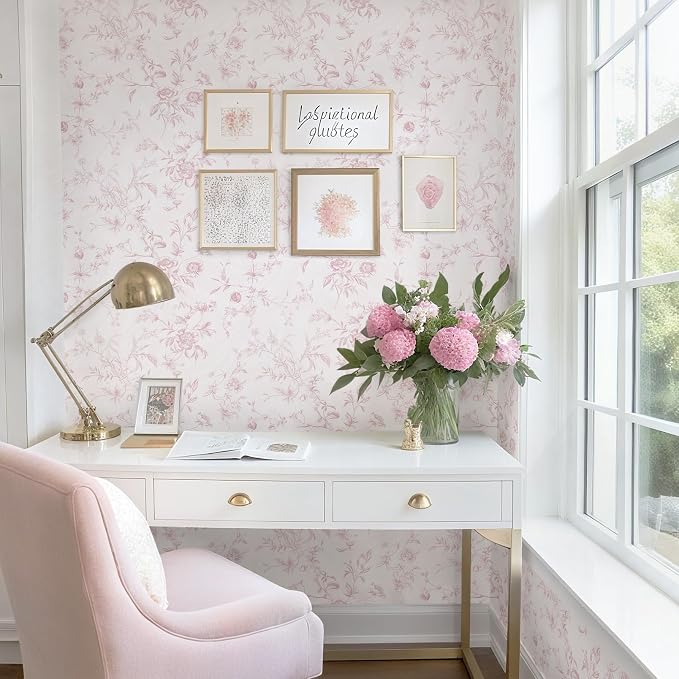 Ismoon Pink Floral Peel and Stick Wallpaper Vintage French for Bedroom | Textured Botanical Contact Paper Removable Self Adhesive Wallpaper for Bathroom Vinyl Roll Renter Friendly 17.3in×9.84 ft - Image 9