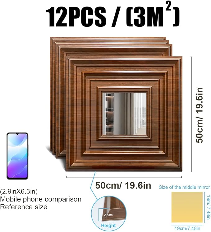 12 Pack PVC Ceiling Tiles 19.7"x19.7" – Silver Mirror & Wood Grain 3D Wall Panels for Wall and Ceiling Decoration,Cover 32.3 Sq.Ft – Waterproof,Lightweigh(Dark Brown, Silver) - Image 4