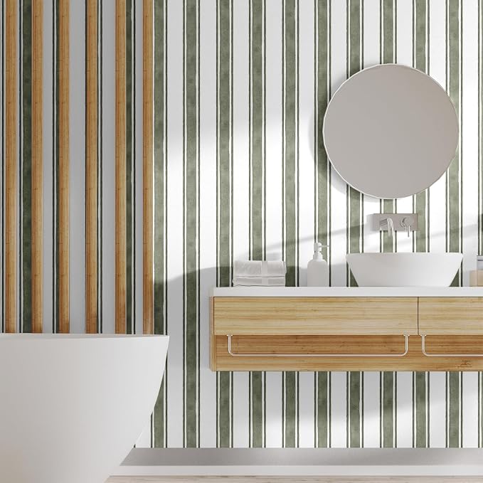 Affrolling Striped Peel and Stick Wallpaper 15.75"x118.11",Sage Green | Watercolor Self Adhesive Contact Paper, Removable for Bedroom Cabinet Furniture, Cute Decor for Nursery Craft Room DIY - Image 4