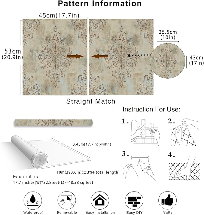 HAOKHOME Vintage Damask Peel and Stick Wallpaper for Bedroom 17.3in x32.8ft | Textured Removable Self Adhesive Wall Paper French Country Victorian Traditional Farmhouse Elegant Mist Blue Brown Bathroom - Image 8
