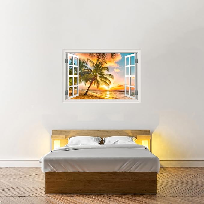 Fake Window Wall Decal- Summer Beach Ocean Coconut Trees Open Art Sticker | Faux Window Natural Scenery Landscape Mural ｜ Stick and Peel Wall Decals｜Room Bedroom Office Decor｜Large Murals 66"x48" - Image 6