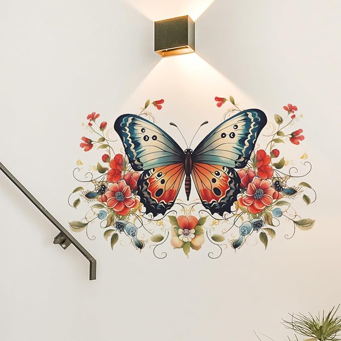 TUOKING Butterfly Red Flowers Wall Stickers Removable Wall Murals | Peel and Stick Wall Art Decal Home Decor for Kitchen,Bedroom,Living Room(fun-e34) - Image 5